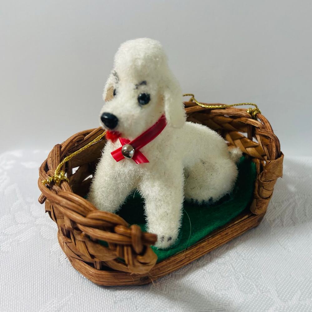 Vtg Kunstlerschutz Flocked Poodle Wicker Basket Christmas Ornament Dollhouse Dog